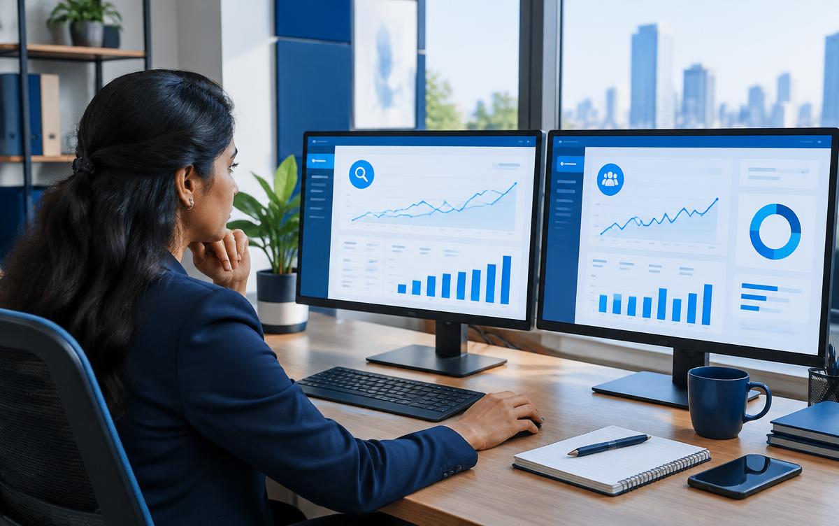 Marketing specialist comparing search and social advertising campaign dashboards