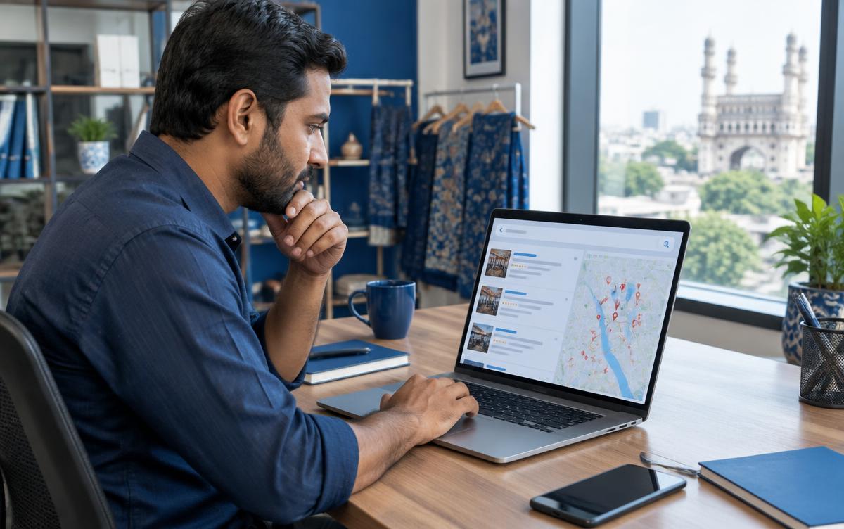 Hyderabad business owner reviewing a local Google search map on a laptop